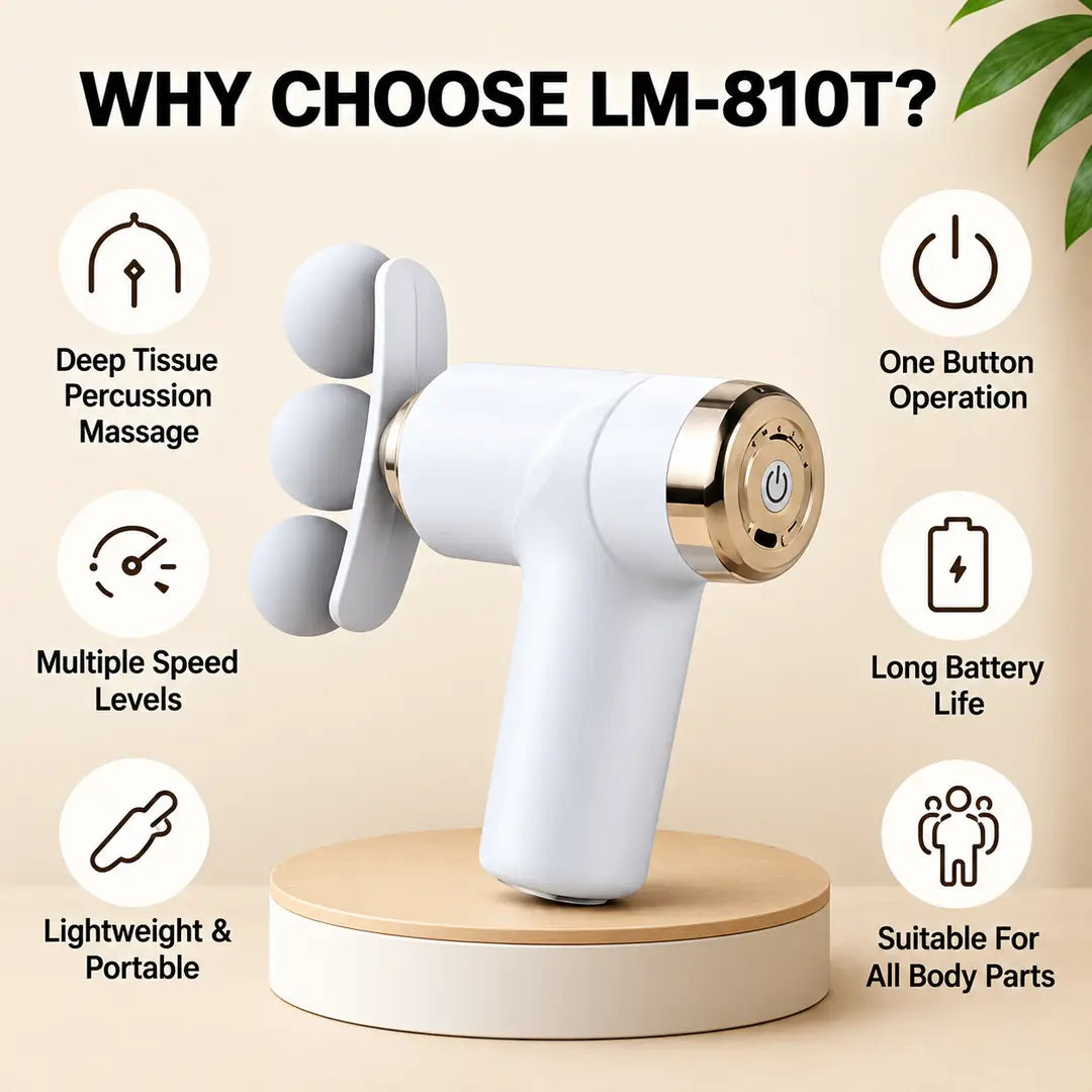 Portable Rechargeable Massage Fascial Gun LM-810T – Deep Tissue Muscle Massager with 4 Massage Heads